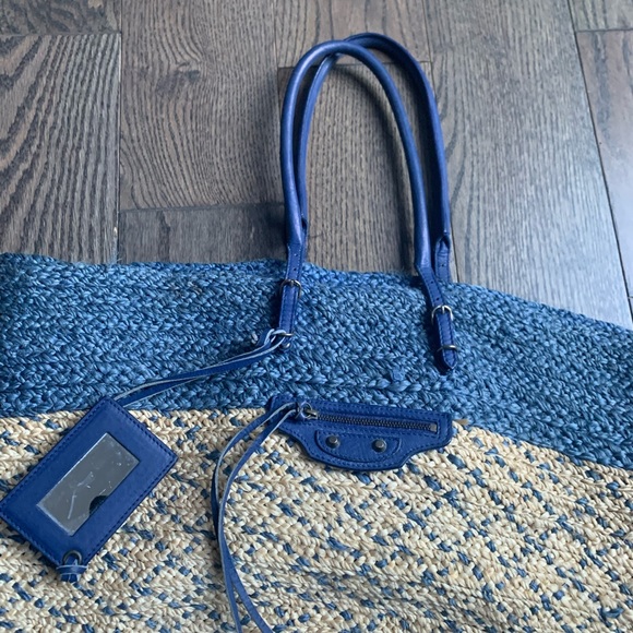 Balenciaga Blue Raffia & Leather Panier Basket Tote - Picture 9 of 13